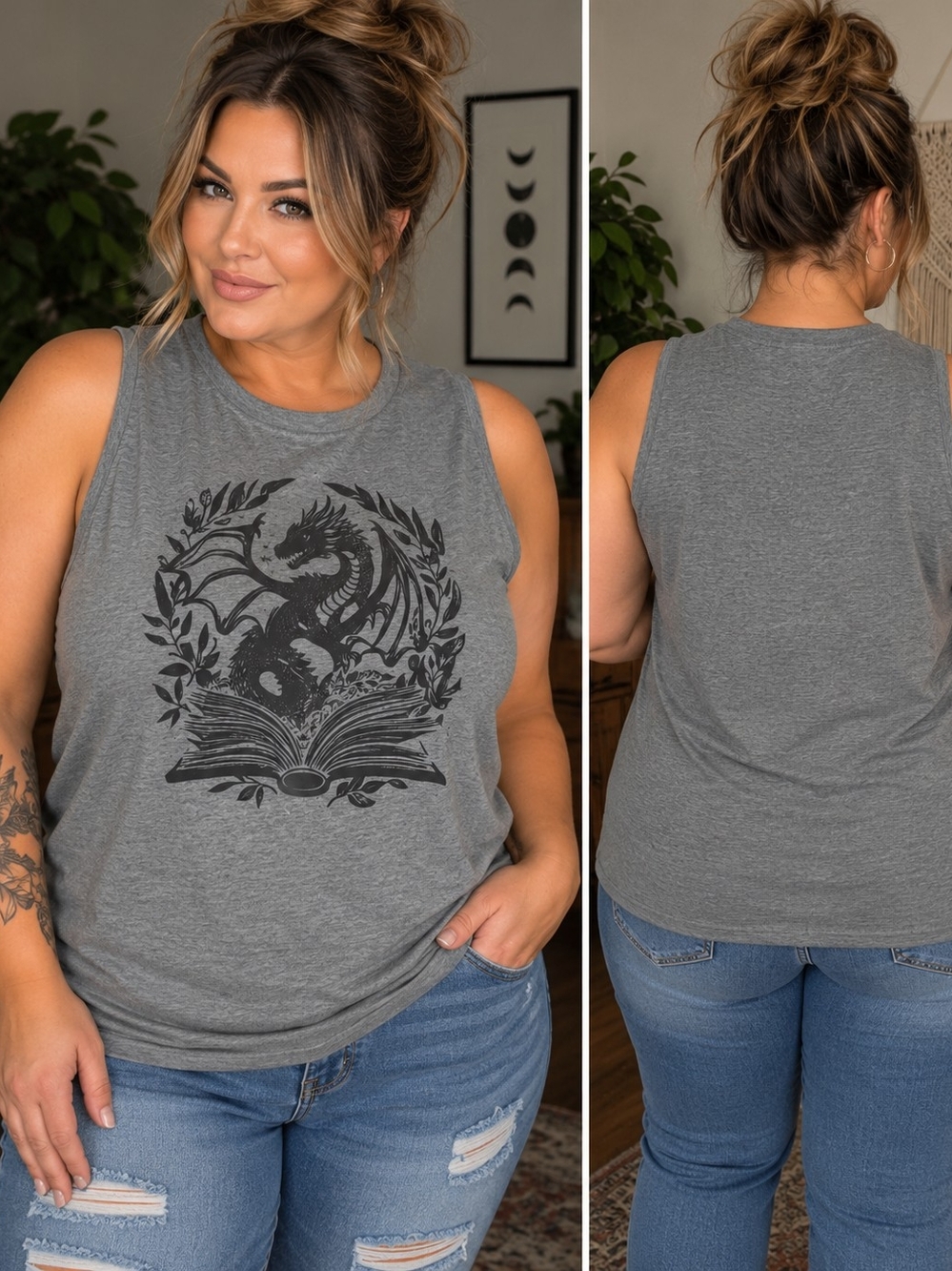 Women’s Fantasy Grey Dragon Book Lover Graphic Muscle Tank Top New Size 14/16